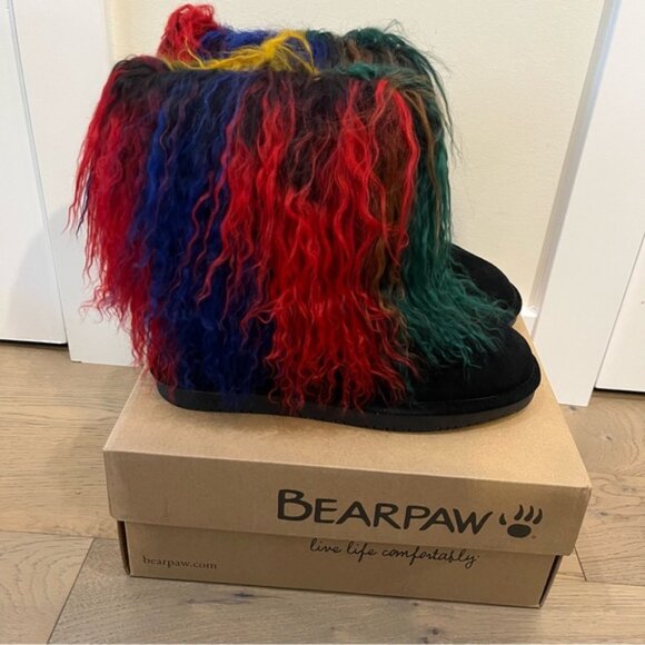 New Bearpaw Boo Boots Genuine Leather Suede Long Fur Sheepskin Black Size 10 - Picture 5 of 12